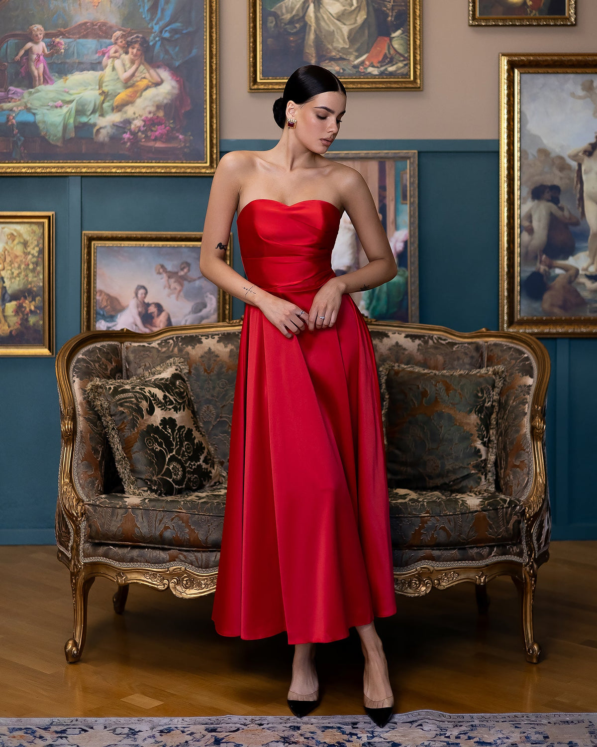 Serena Strapless Midi Elbise, Kırmızı, fotoğraf 1