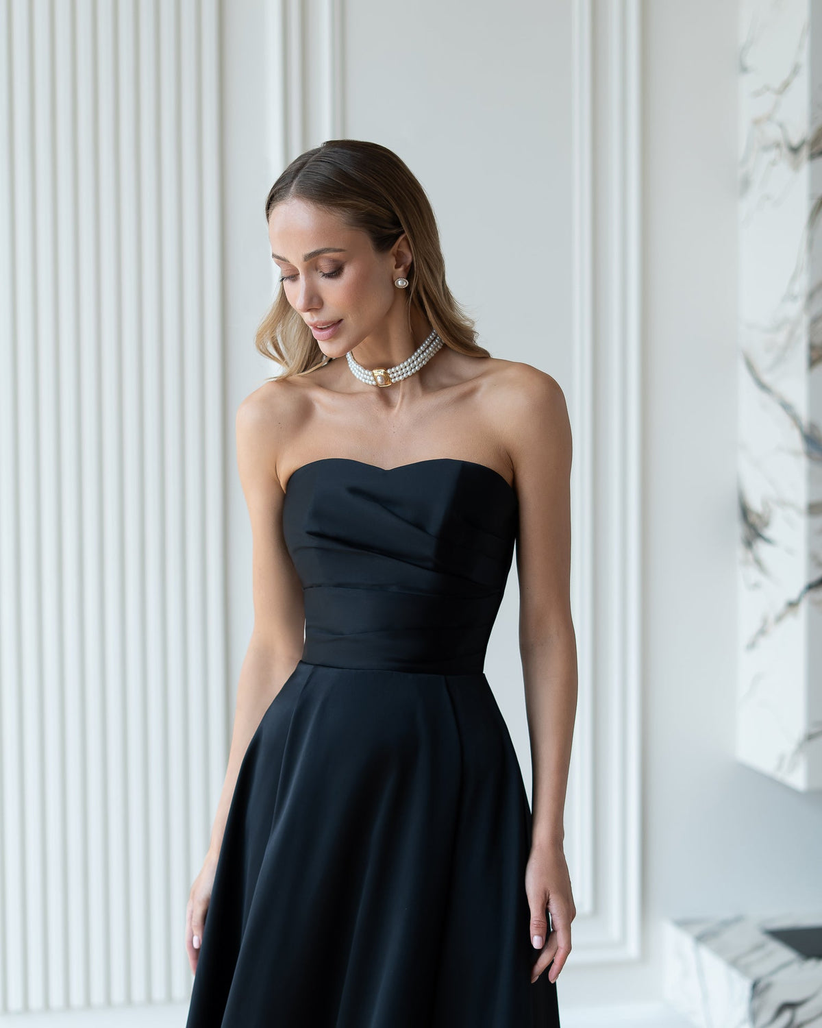 Serena Strapless Midi Elbise, Siyah, fotoğraf 3