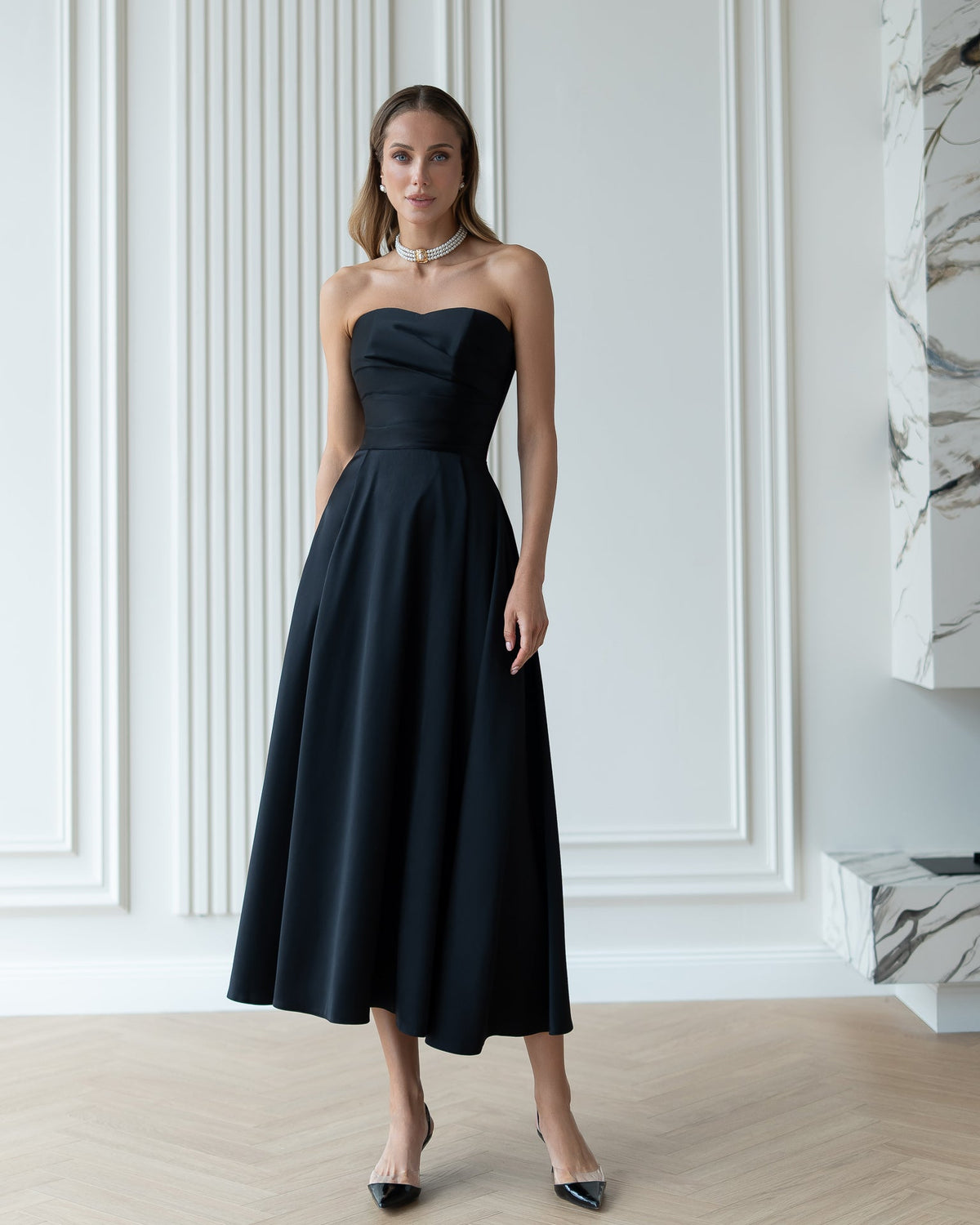 Serena Strapless Midi Elbise, Siyah, fotoğraf 1