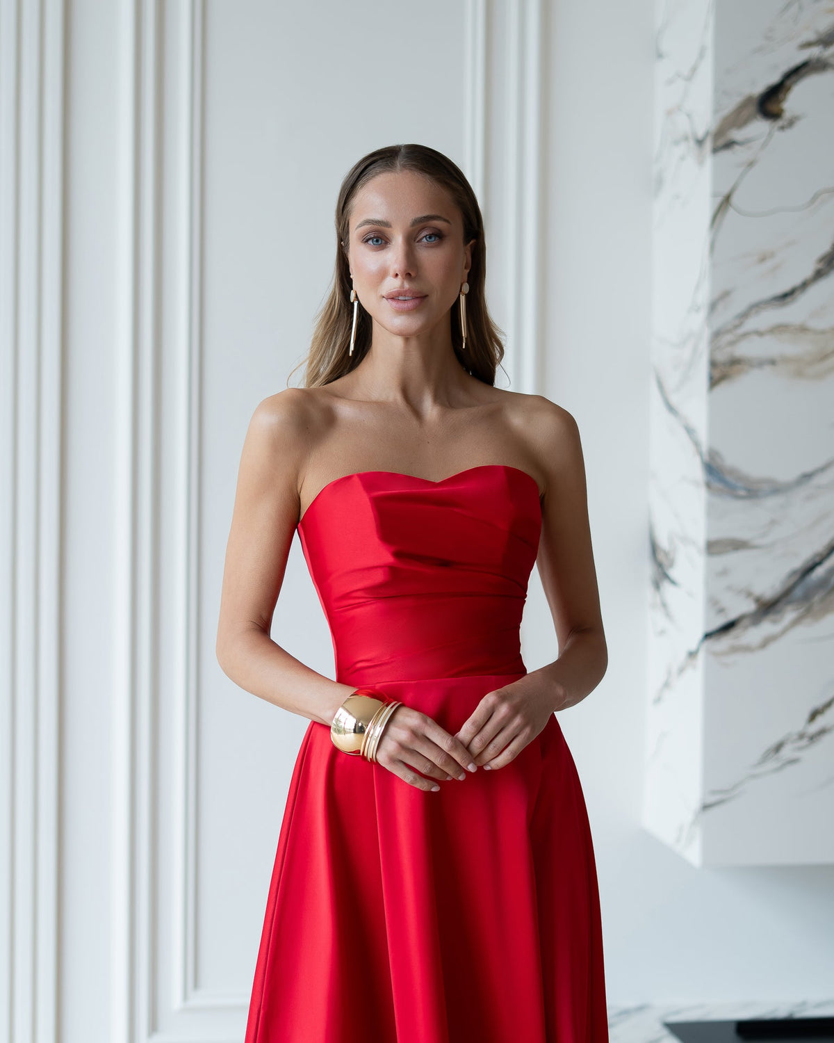 Serena Strapless Midi Elbise, Kırmızı, fotoğraf 4