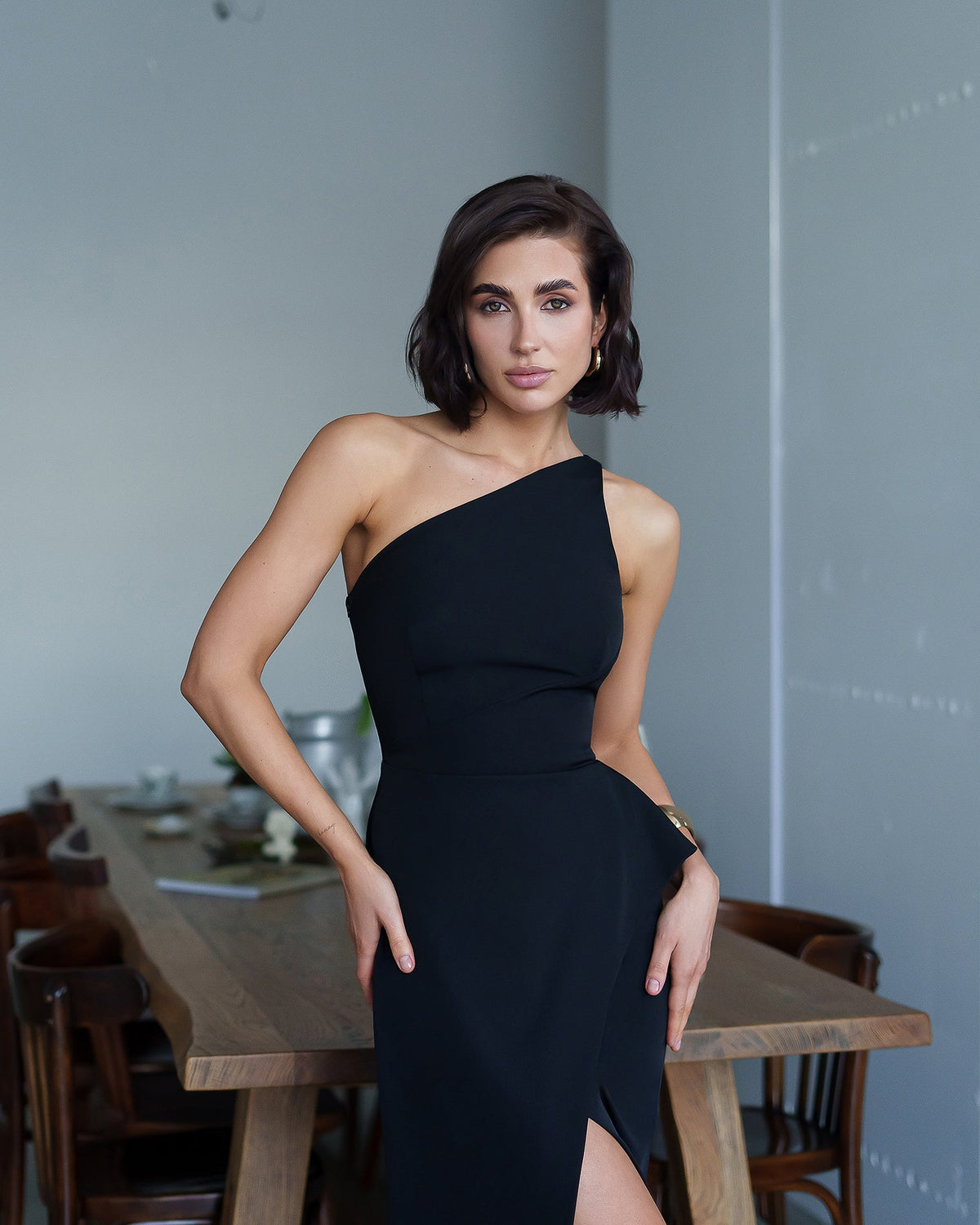 Aurora One Shoulder Elbise, Siyah, fotoğraf 3