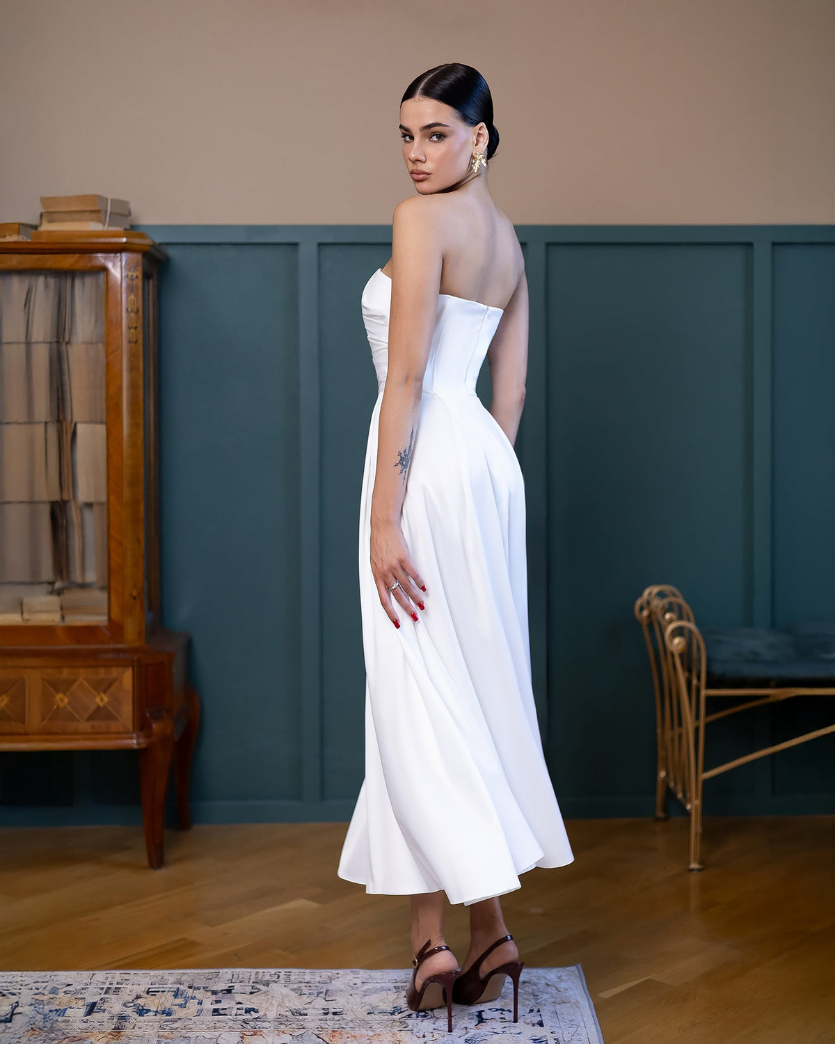 Serena Bridal Strapless Midi Elbise, Süt Beyazı, fotoğraf 2