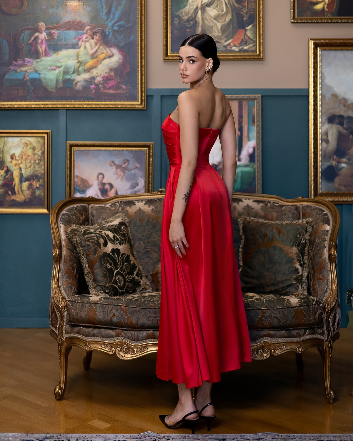 Serena Strapless Midi Elbise, Kırmızı, fotoğraf 2