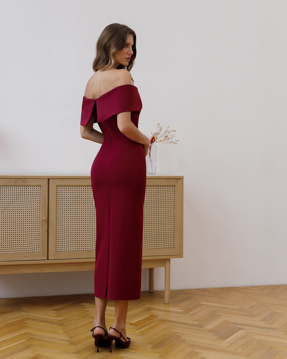 Ophelia Corset Midi Elbise, Bordo, fotoğraf 2